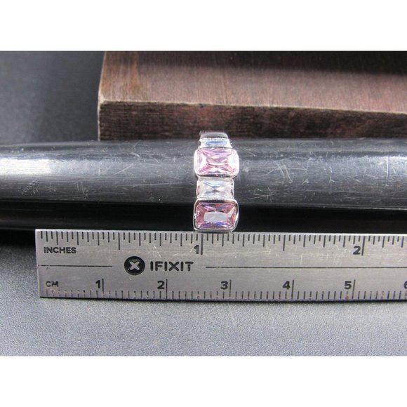 Size 6.25 Silver Tone Fancy Pink And Clear Cubic Zirconia Band Ring - Picture 6 of 7